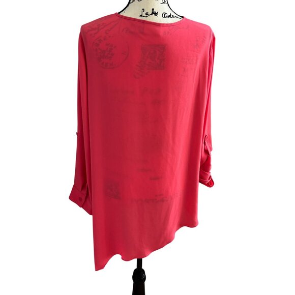 Chico's Asymmetrical Hem Sheer Dark Peach Tunic Top Sz 2 US Large Roll Tab Sleev - Picture 3 of 8